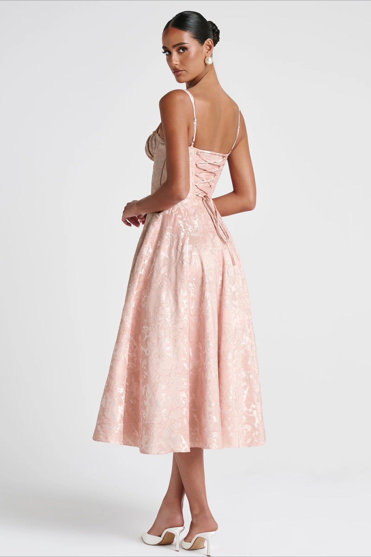 Jacquard Cami Backless Waist Cinched Midi Dress