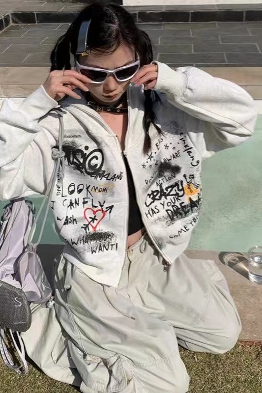 Gray Graffiti Hooded Zip-Up Cropped Hoodie Main image