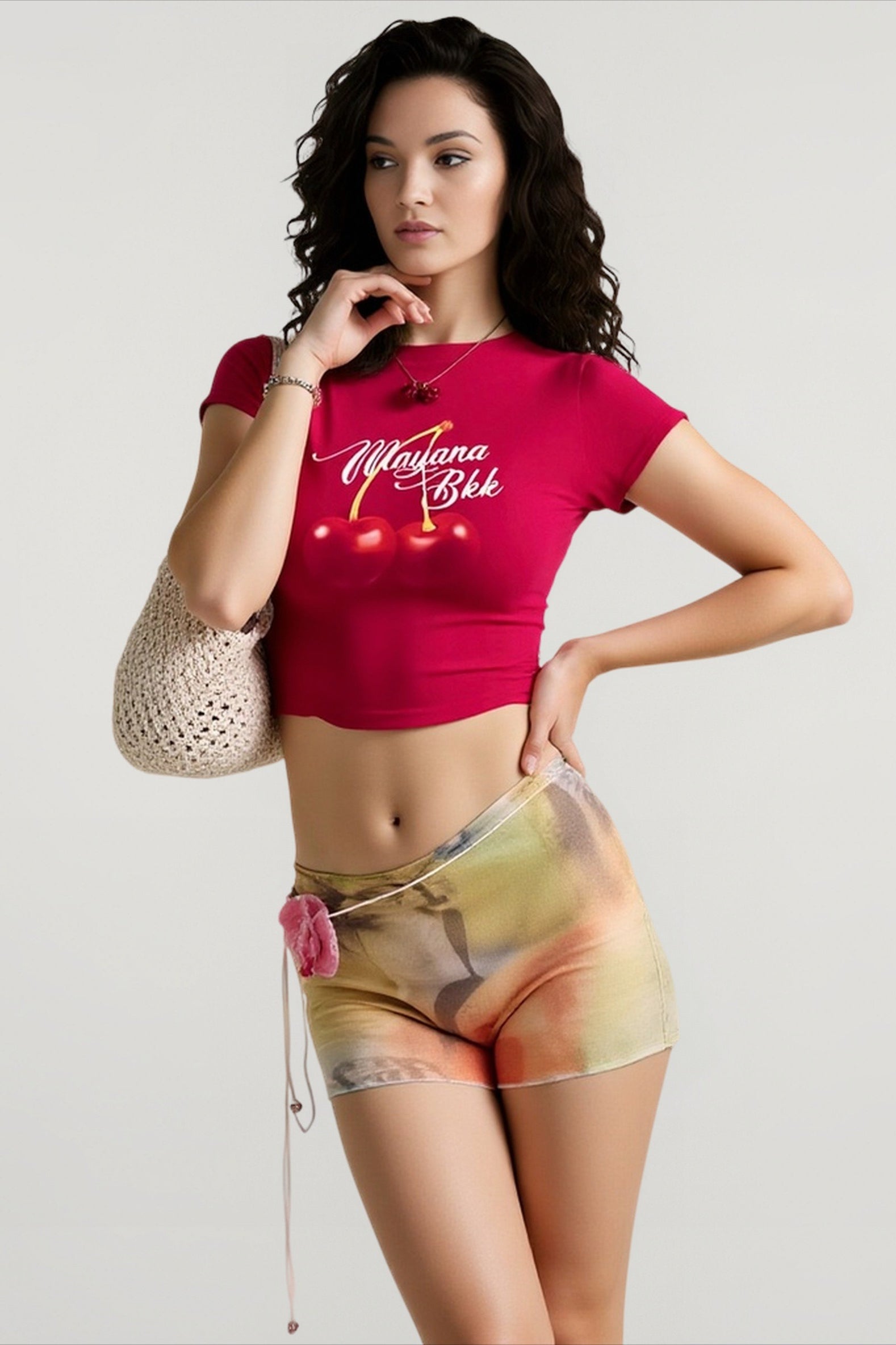 Cherry Print Crop T-shirts Secondary image