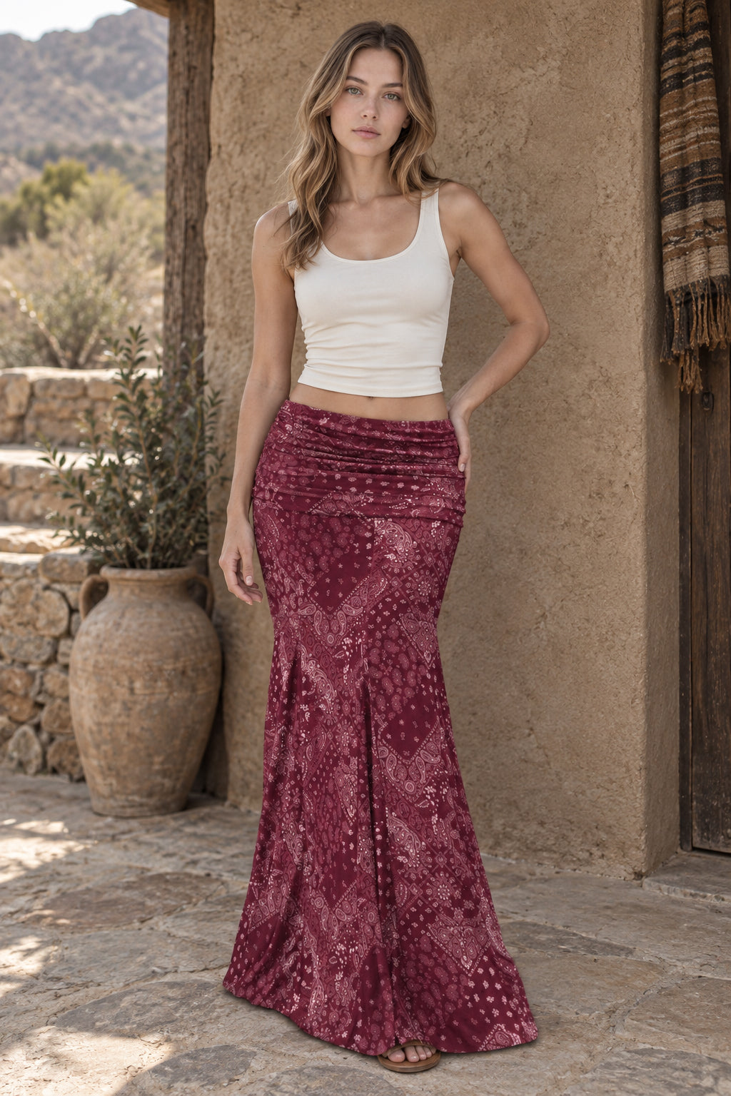 Slim Boho Print Fishtail Maxi Skirt
