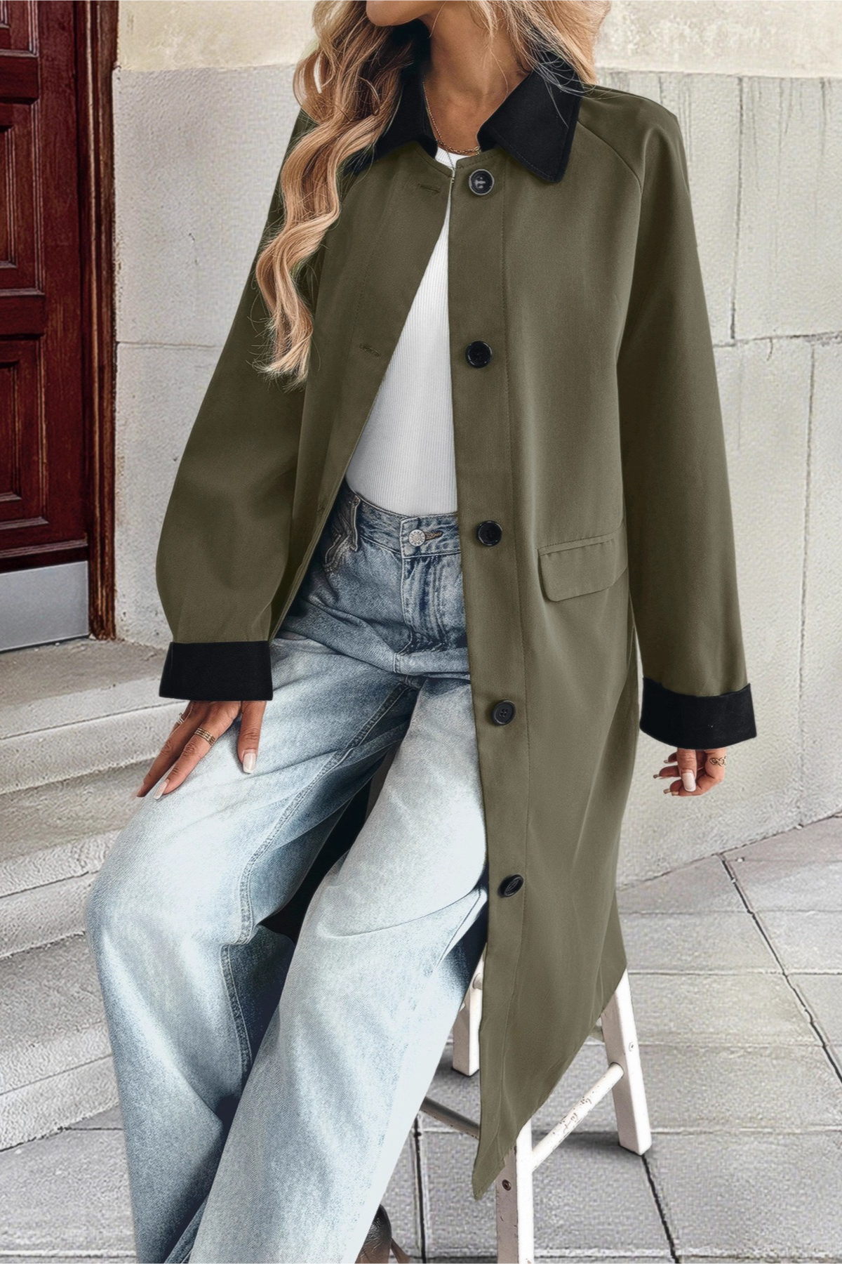 Lapel Color Block Single Breasted Long Office Casual Overcoat Secondary image