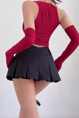 Vintage Pleated V Waist Preppy Style Mini Skirt