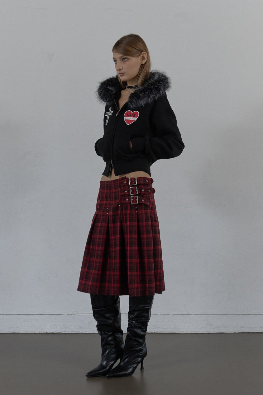 Rhinestone Cross Faux Fur Zip Front Hoodie