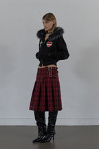 Rhinestone Cross Faux Fur Zip Front Hoodie