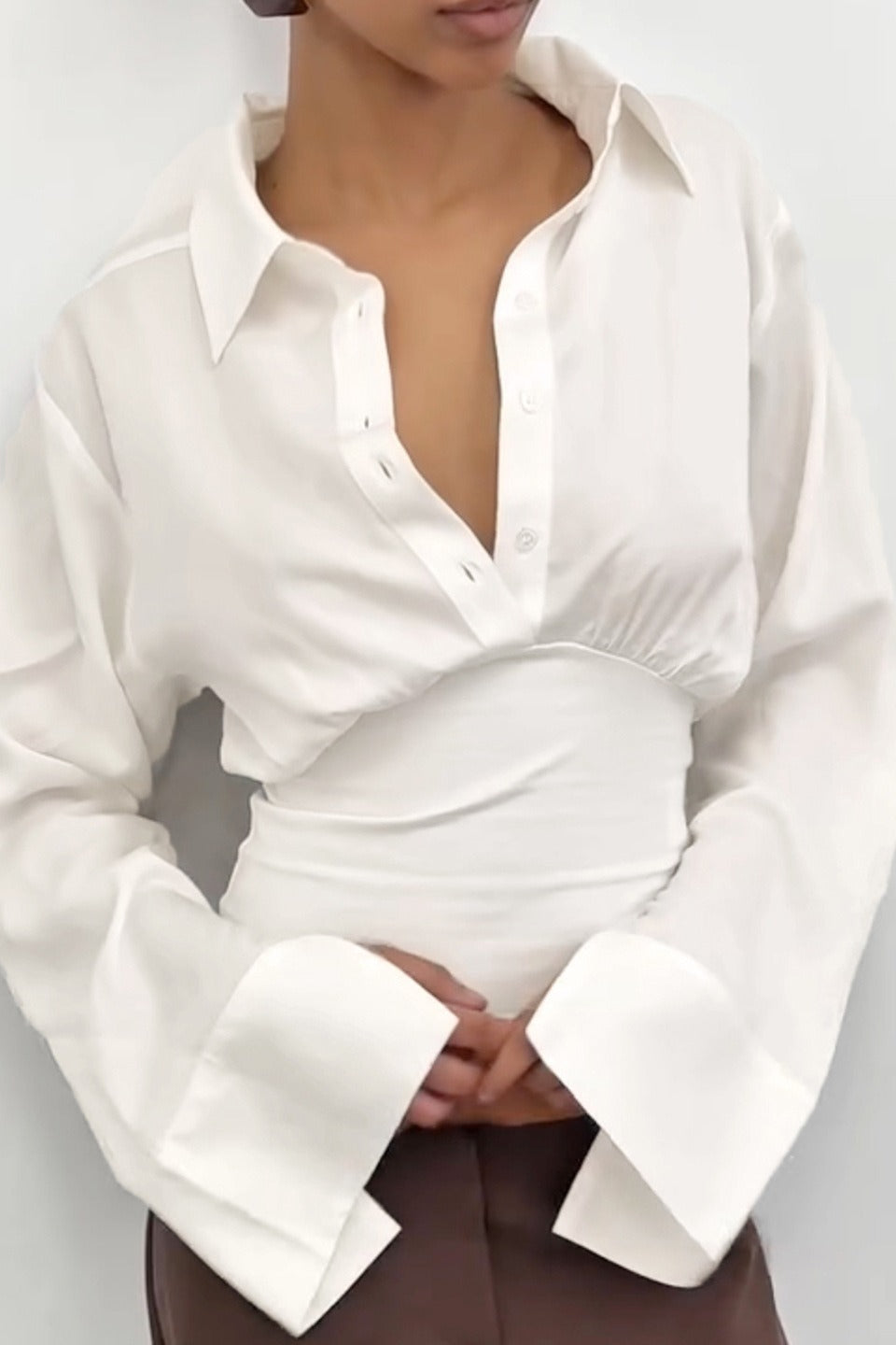 Sleeve Panel Solid Polo Blouse Secondary image