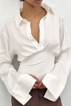 Sleeve Panel Solid Polo Blouse