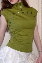 Cutout Button Front Mock Neck Crop Top