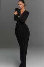 Deep V Padded Shoulder Long Sleeve High Slit Long Formal Dress