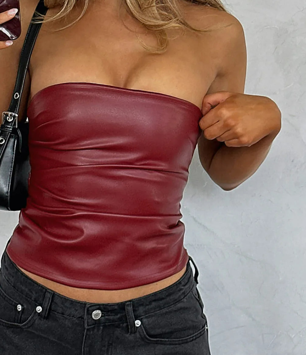 Pu Leather Zip Up Slim Crop Strapless Main image