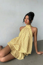 Polka Dot Halter Backless Lace-Up Flared Mini Dress