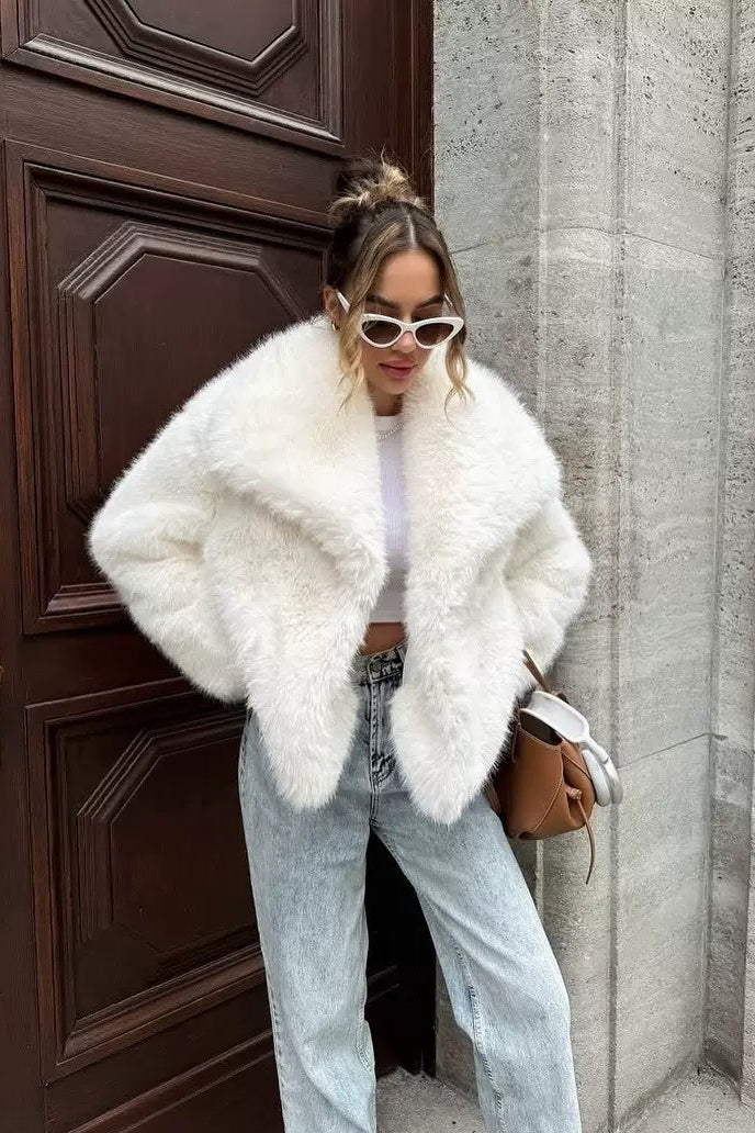 Eco Faux Fox Fur Notch Lapel Plush Coat Secondary image