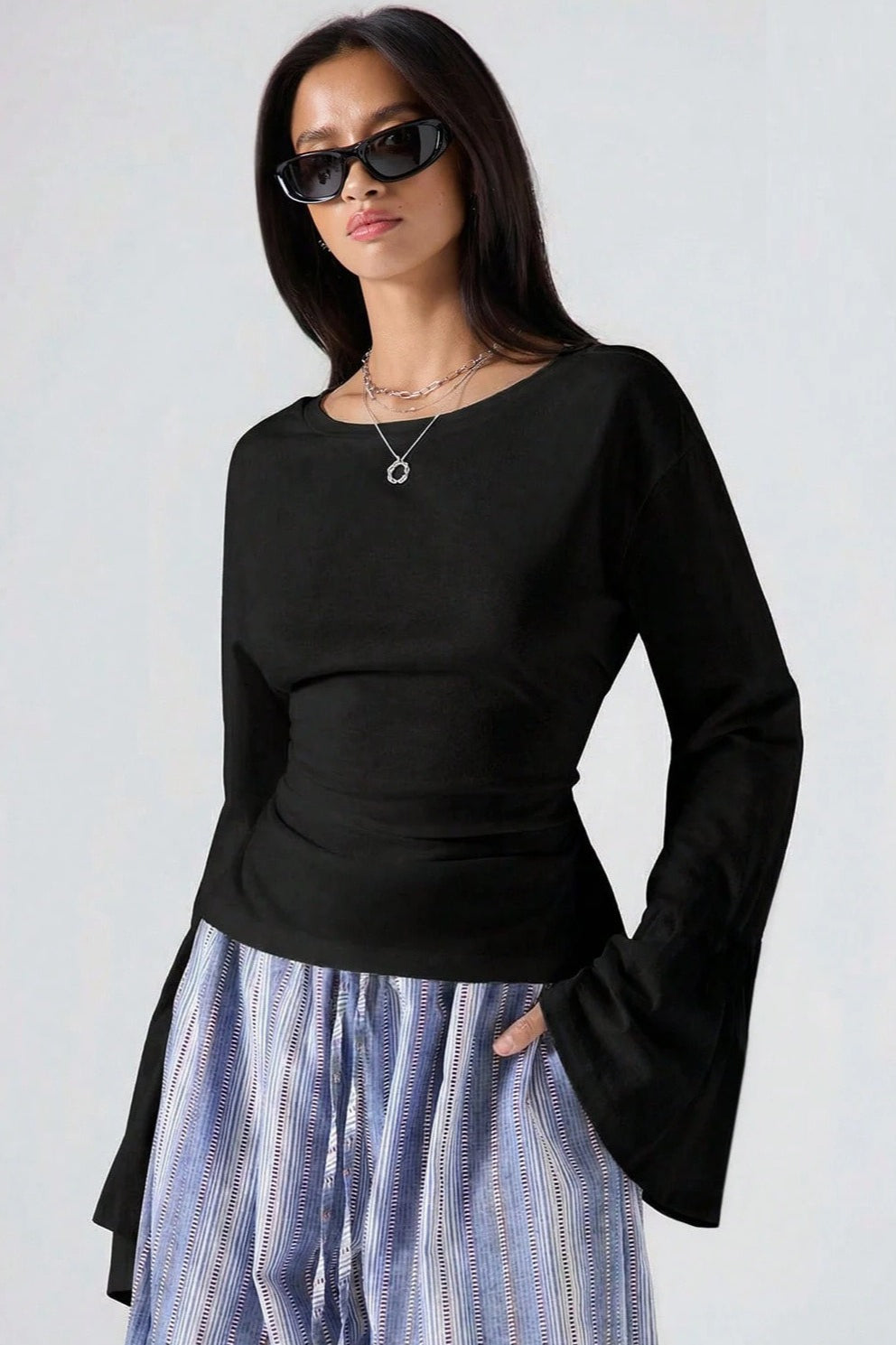Lace Up Back Bell Sleeve Long Sleeved T-shirts