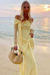 Sheer Off Shoulder Tie Waist Wrap Dress