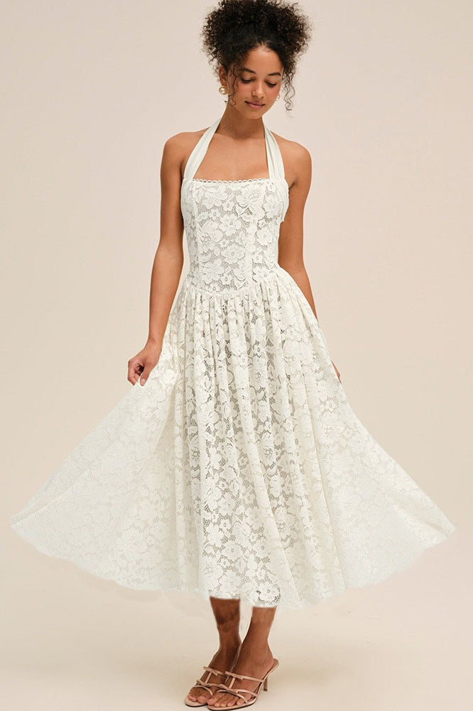 Halter Bandeau Backless Waist Cinched Solid Lace Dress Main image