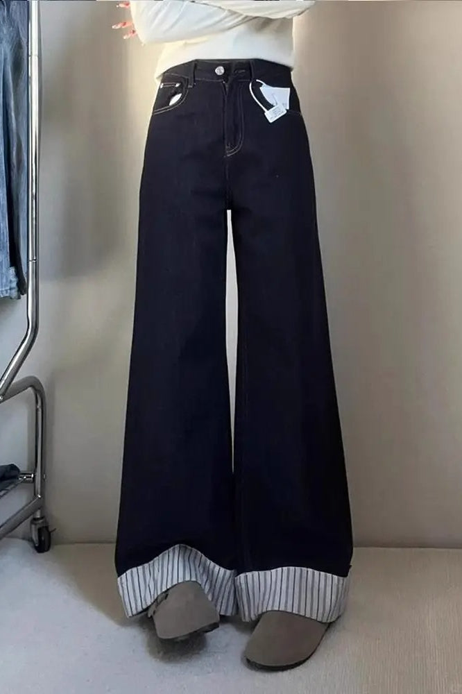 Denim Blue Striped Patchwork Wide Leg Jeans Main image