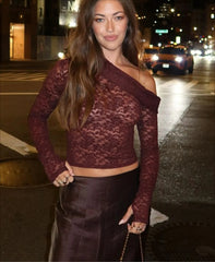 Skew Collar Long Sleeve Lace Mesh Sheer Top