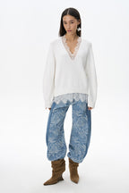 Lace Edge V Neck Relaxed Pullover Sweater