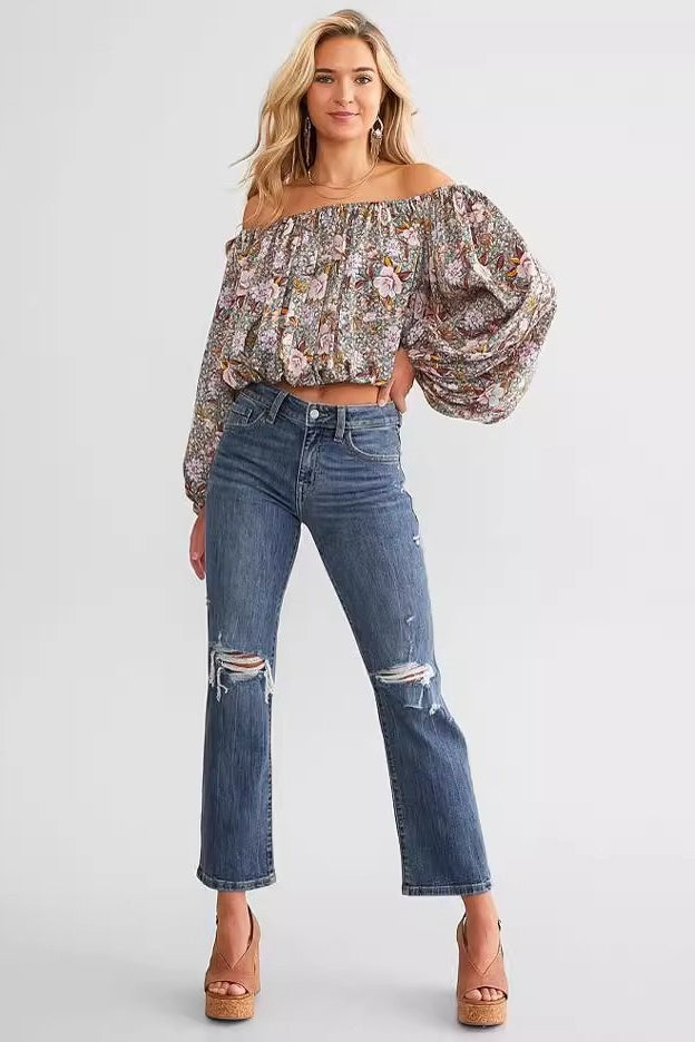 Vintage Distressed Stretch Slim Straight Denim Jeans Main image