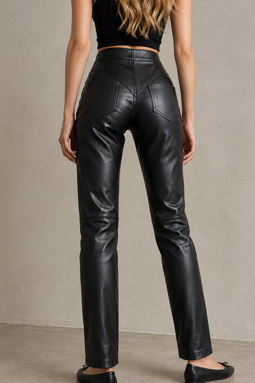PU Leather Front Zipper Slim Fit Pants
