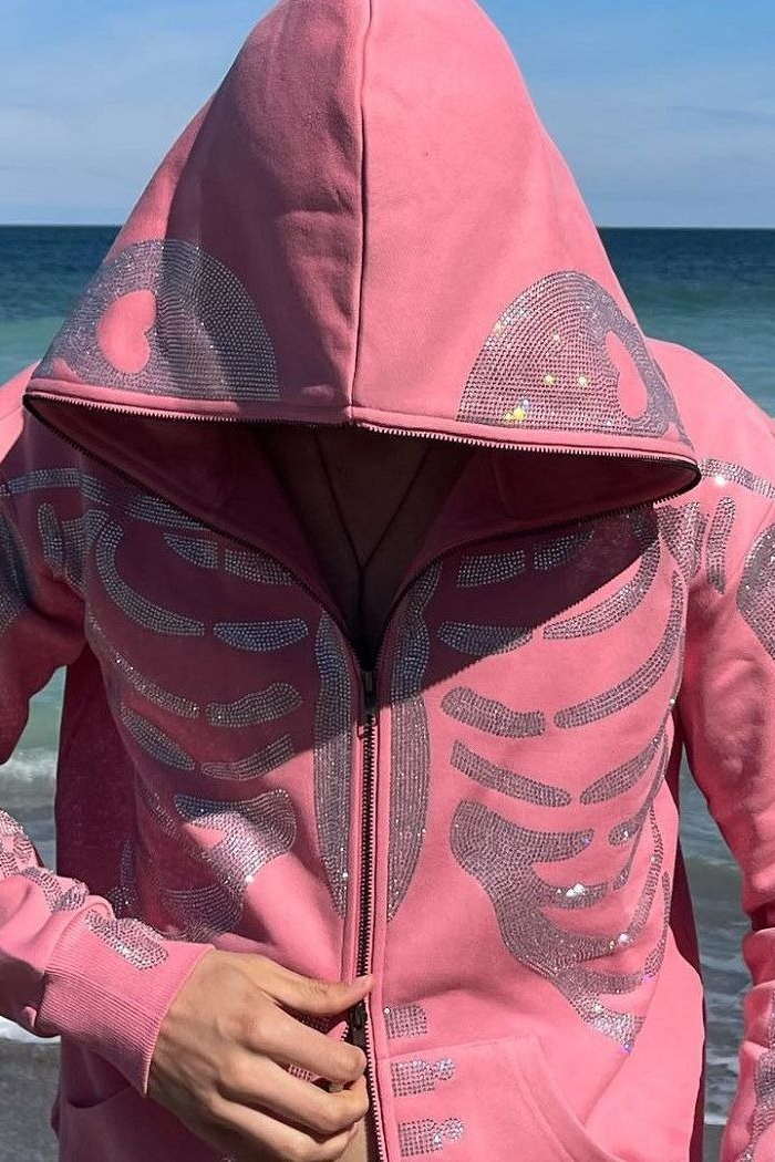 Y2K Gothic Rhinestone Skull Zip Unisex Hoodie Secondary image