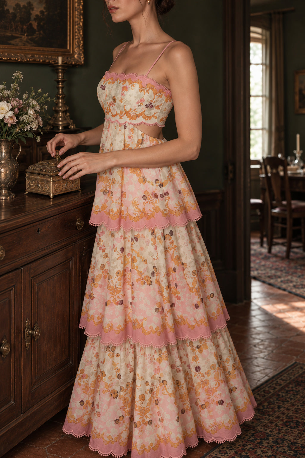 Fashion Tiered Spaghetti Strap Tassel Cutout Waist Embroidered Maxi Dress Secondary image