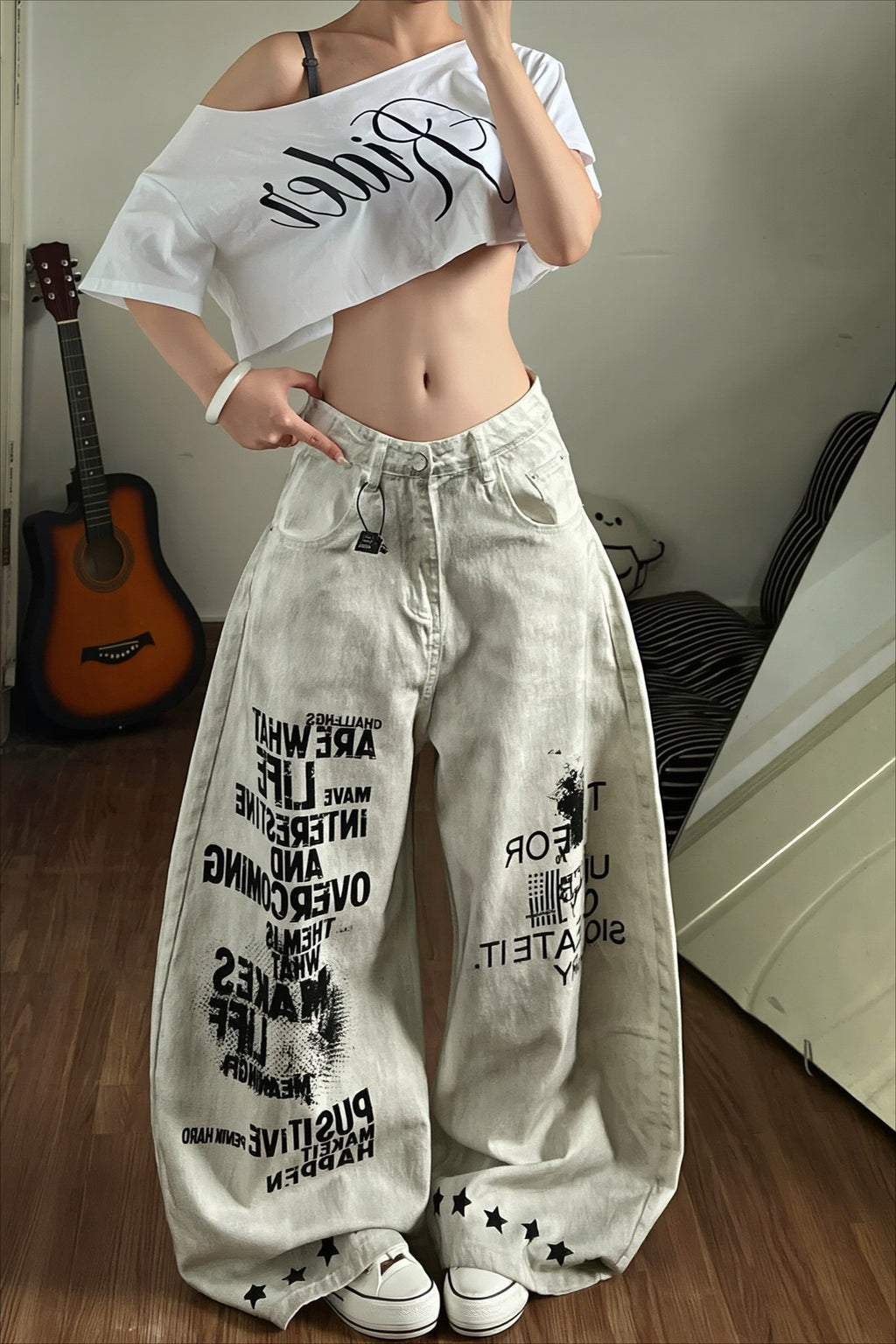 Letter Print Loose Wide Leg Streetwear Jeans
