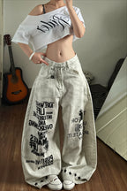 Letter Print Loose Wide Leg Streetwear Jeans