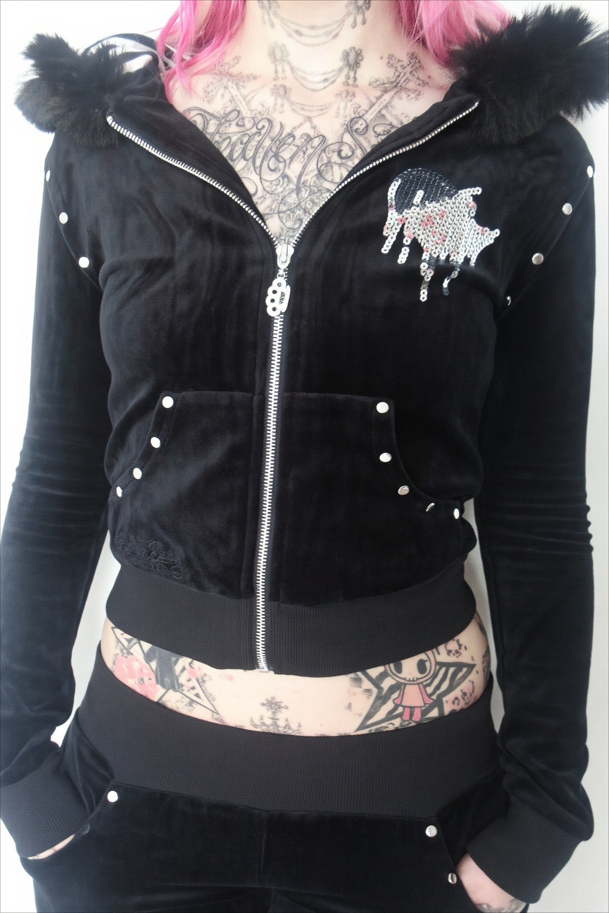 Velvet Rhinestone Fur Trim Zip Hoodie