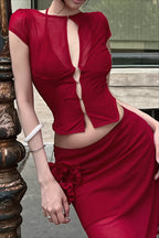 Sheer Cutout Ring Front Short Sleeve Crop Top