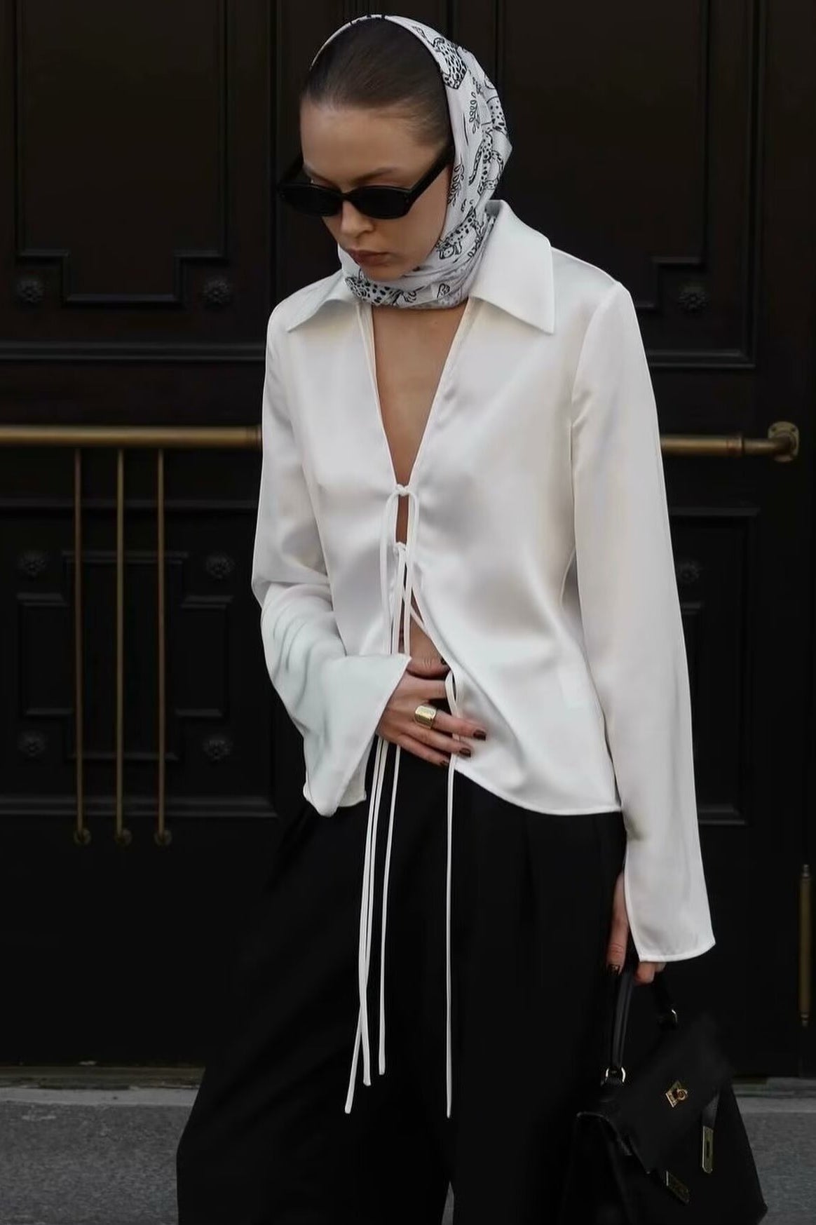 Acetate Satin Bow Tie V Neck Minimalist Long Sleeve Blouse Secondary image