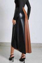 Color Block PU Leather High Waist Skirt