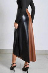 Color Block PU Leather High Waist Skirt