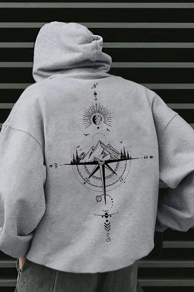 Compass Graphic Kangaroo Pocket Pullover Hoodie