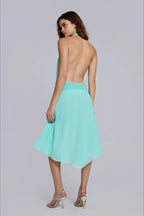 Beaded Halter Asymmetric Open Back Midi Party Dress