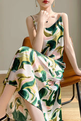 Printed V-Neck Satin Cami Maxi Silk Dress