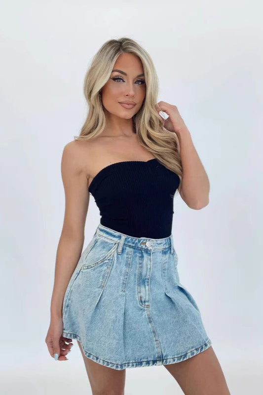 High Waist Denim Pleated A-Line Skirt Main image