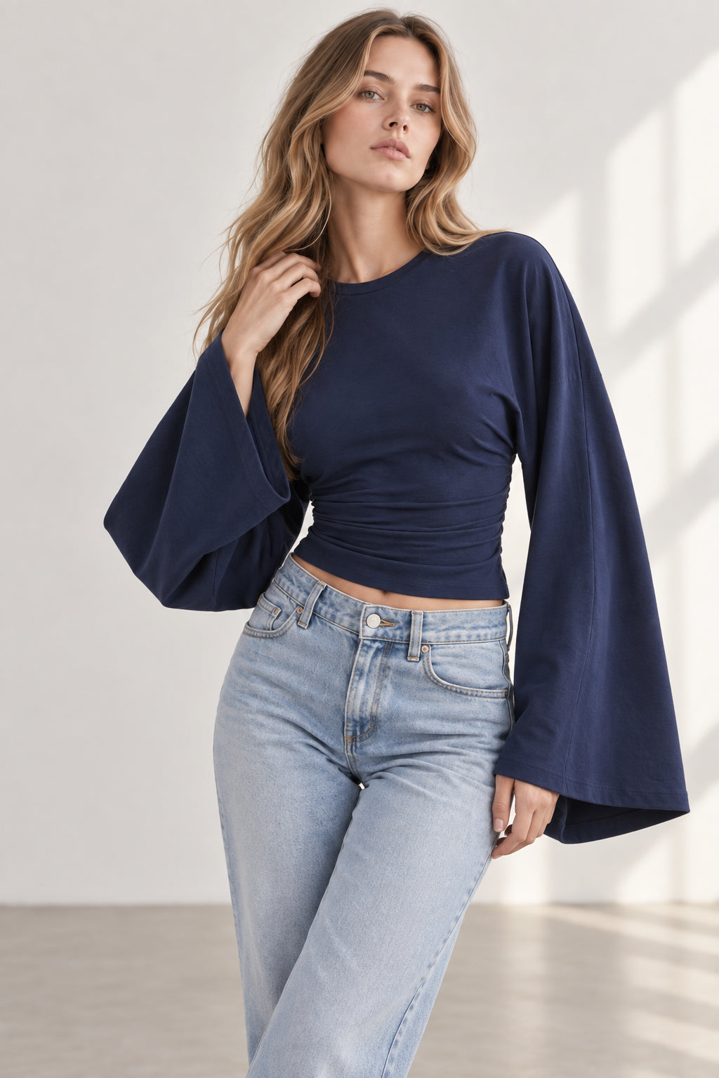 Solid Crew Neck Wide Sleeve Waist Cinched Long Sleeve Tee