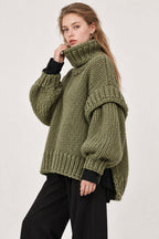 Solid Patchwork Chunky Fluffy Turtleneck Sweater