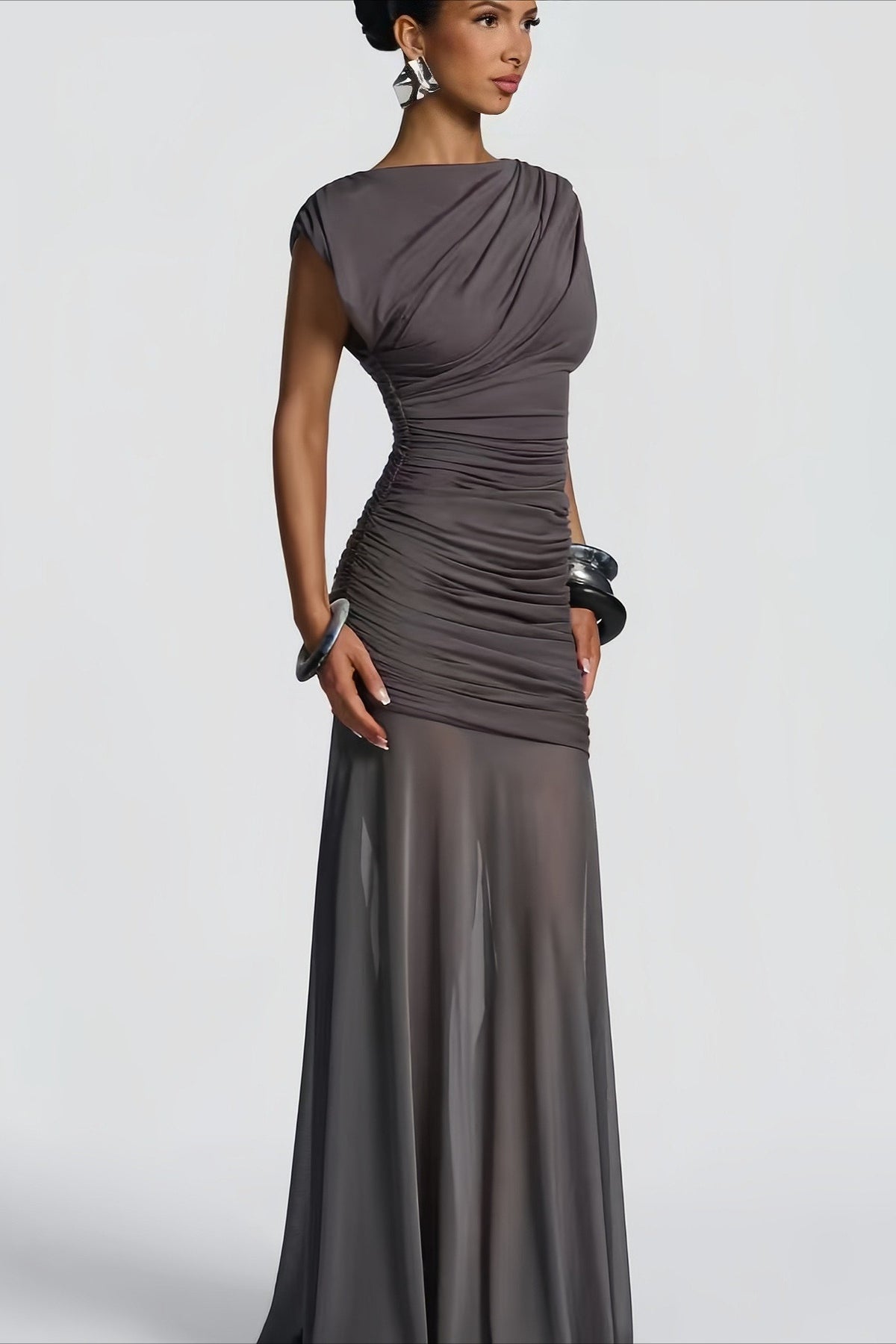 Asymmetric Draped Mesh Panel Fitted Maxi Party Dress