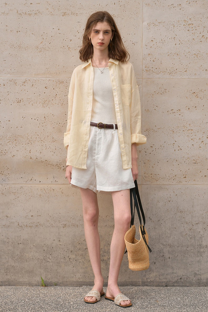 Elegant Sheer Linen Collared Long Sleeve Top Secondary image