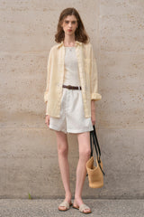 Elegant Sheer Linen Collared Long Sleeve Top