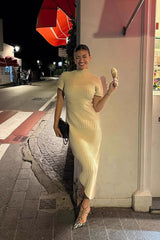 Solid Ribbed Pleated Slit Slim  Elegant Sweater Dress