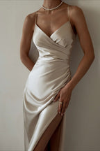 Ruched Satin Bodycon Spaghetti Strap Split V Neck Formal Dress