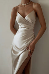 Ruched Satin Bodycon Spaghetti Strap Split V Neck Formal Dress