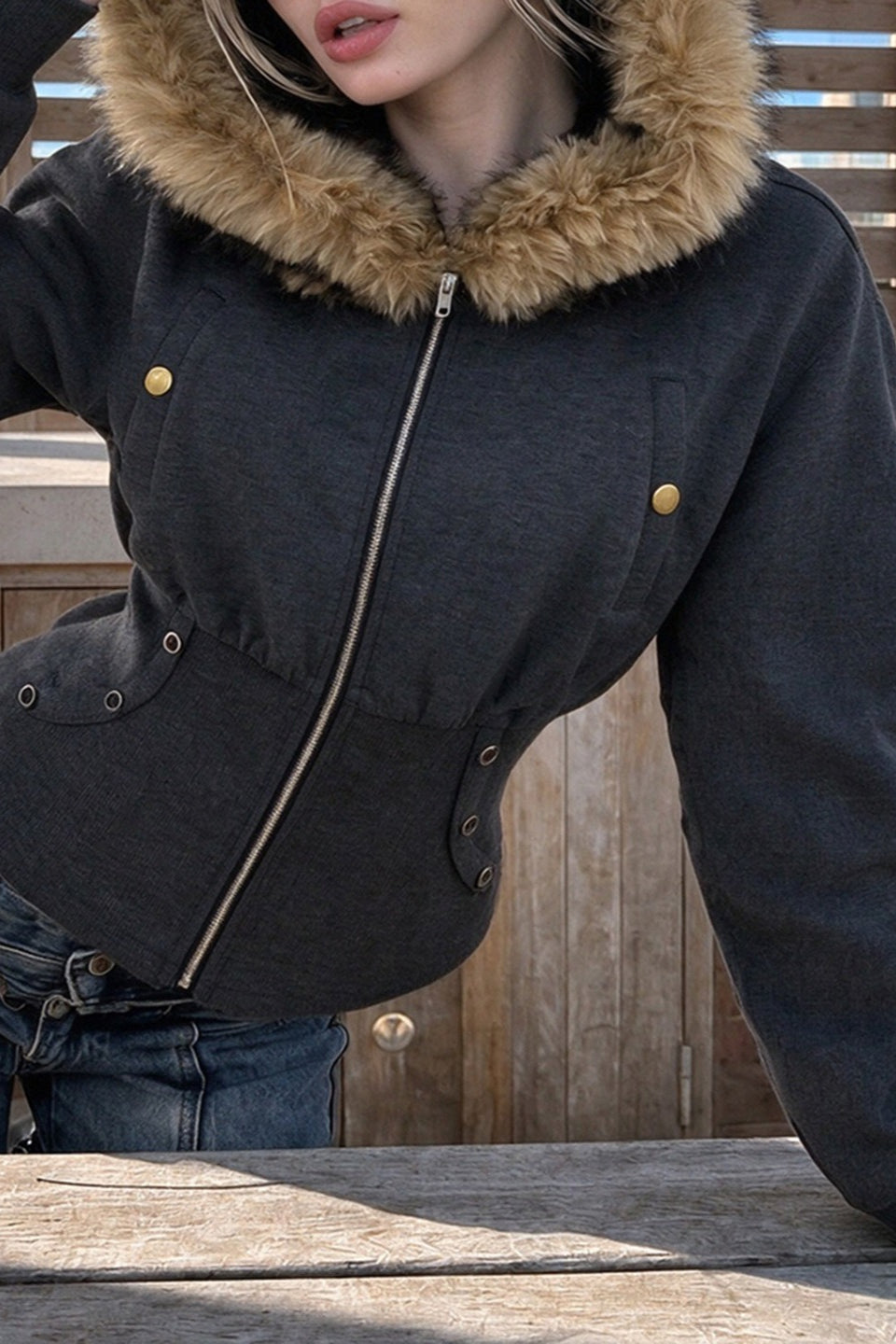 Corset Waist Fur Trim Zip Hoodie