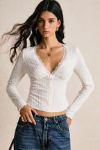 Lace V Neck Ribbed Button Long Sleeved T-shirts