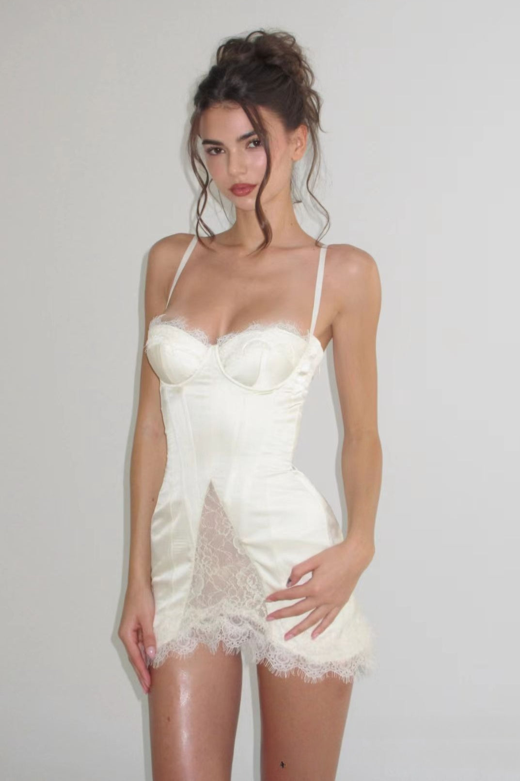 Satin Lace Ruffle Strapless Mini Dress Main image