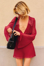 Lace Trim Deep V Mesh Flared Sleeve Fit Lace Dress
