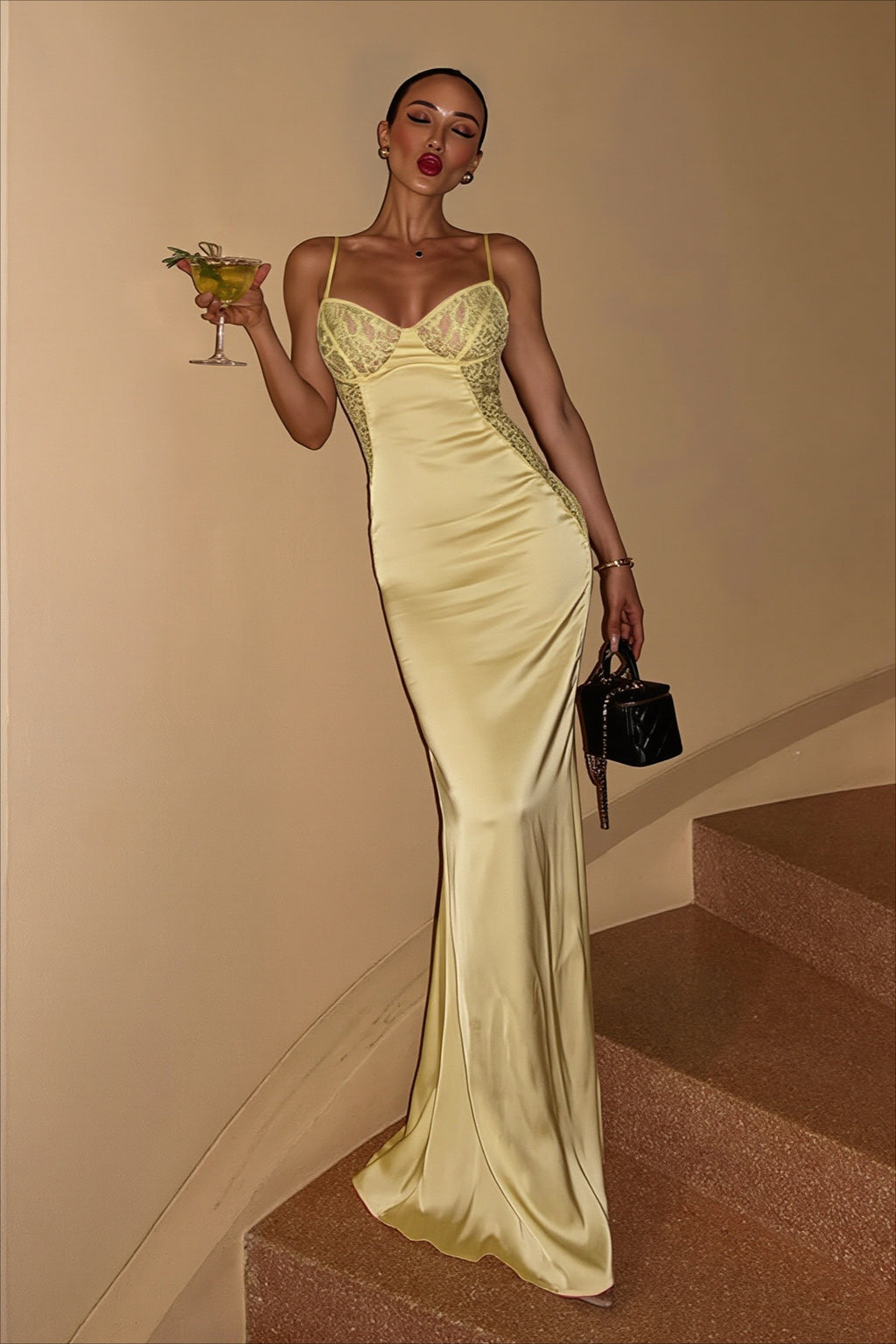 Lace Bodice Satin Strappy Maxi Dress