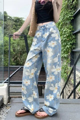 Washed Floral Print Baggy Jeans